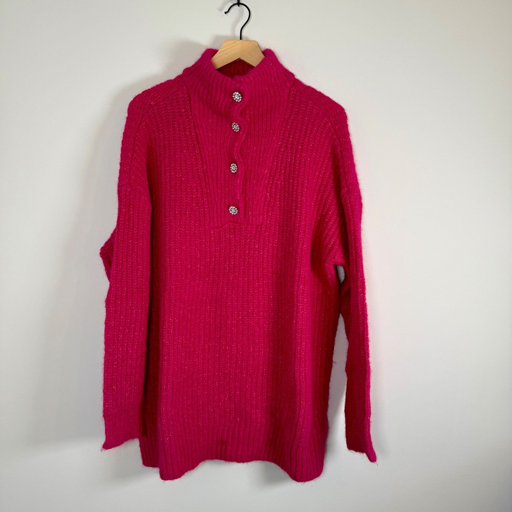 Express London Wool Jewel‎ Gem 1/4 Button Up Crochet Knit Sweater Hot Pink Small
